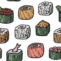Sushi seamless pattern or japanese seafood backgroundor. Asian food or chinese rolls with salmon, nori.