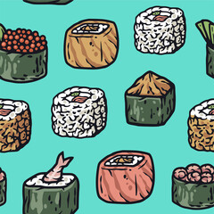 Sushi seamless pattern or japanese seafood backgroundor. Asian food or chinese rolls with salmon, nori.