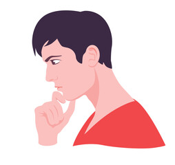 Man in sad thought. Young guy with confused preoccupied face is thinking about something vector intensely