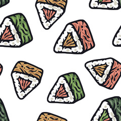 Asian food sushi seamless pattern for seafood background. Japanese or chinese rolls with salmon, nori.