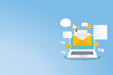 Digital email marketing. Reaching online audience with email marketing campaign, newsletter subscription. Sending marketing messages via email. Vector illustration