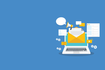 Digital email marketing. Reaching online audience with email marketing campaign, newsletter subscription. Sending marketing messages via email. Vector illustration