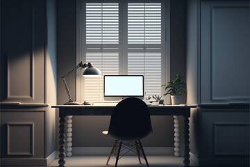 Minimalistic office cabin with computer and chair. AI produced