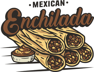 Mexican enchilada vector food with meat and rolled tortilla. Mexico logo or emblem of traditional enchilada or latin food.