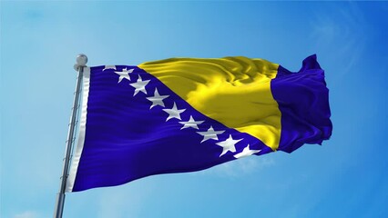Bosnia and Herzegovina Flag Loop. Realistic 4K. 30 fps flag of the Bosnia and Herzegovina. Bosnia and Herzegovina waving in the wind. Seamless loop with highly detailed fabric texture.