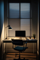 Minimalistic office cabin with computer and chair. AI produced