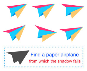 Educational game for kids. Task for attentiveness. Find a paper airplane from which the shadow falls. Vector illustration.