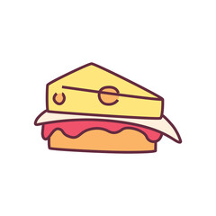 Appetizing sandwich. An appetizer of bread with cheese and ham for quick tasty satiety with traditional vector composition