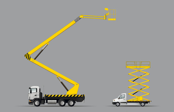 Construction lifting equipment. A set of images of aerial platforms on a car chassis.