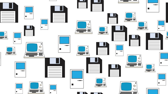 Seamless pattern endless computer with old retro computers, pc and vintage white hipster floppy disks from 70s, 80s, 90s isolated on white background. Vector illustration