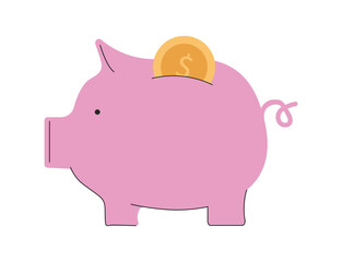 Pink pig piggy bank with gold coin. Symbol of successful investment and cash savings with financial profitability and safe vector loans