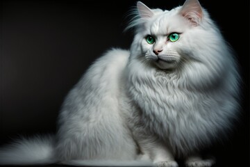 white cat with green eyes isolated on black background, ,fluffy, cute, generative ai