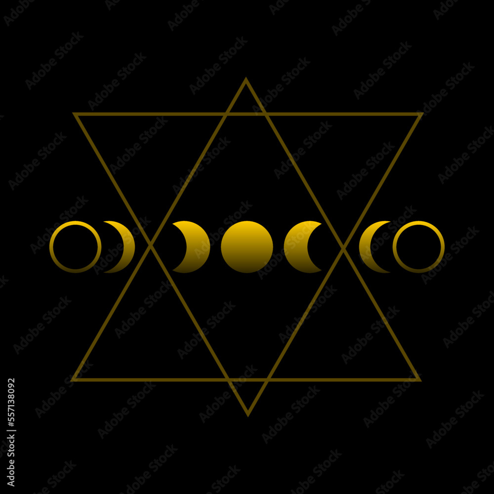 Wall mural Golden mysterious magic moon different phases or lunar phases in triangle line boho on black background vector icon design.