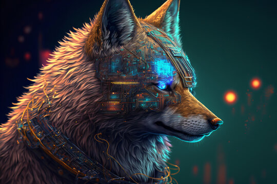 Cyber Wolf With Glowing Eyes, Mechanic, Cyborg, Generative Ai