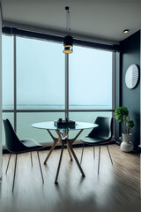 Pleasant meeting room with a view of the ocean. AI produced