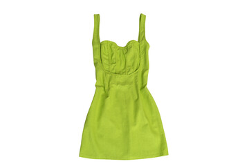 Green sundress isolated on white background. Summer short dress with thin straps with corset