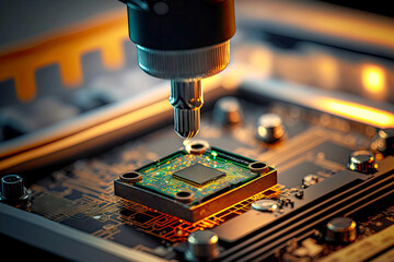 Laboratory technological studies of microcircuits and chips wafer semiconductor manufacturing - obrazy, fototapety, plakaty