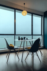 Pleasant meeting room with a view of the ocean. AI produced
