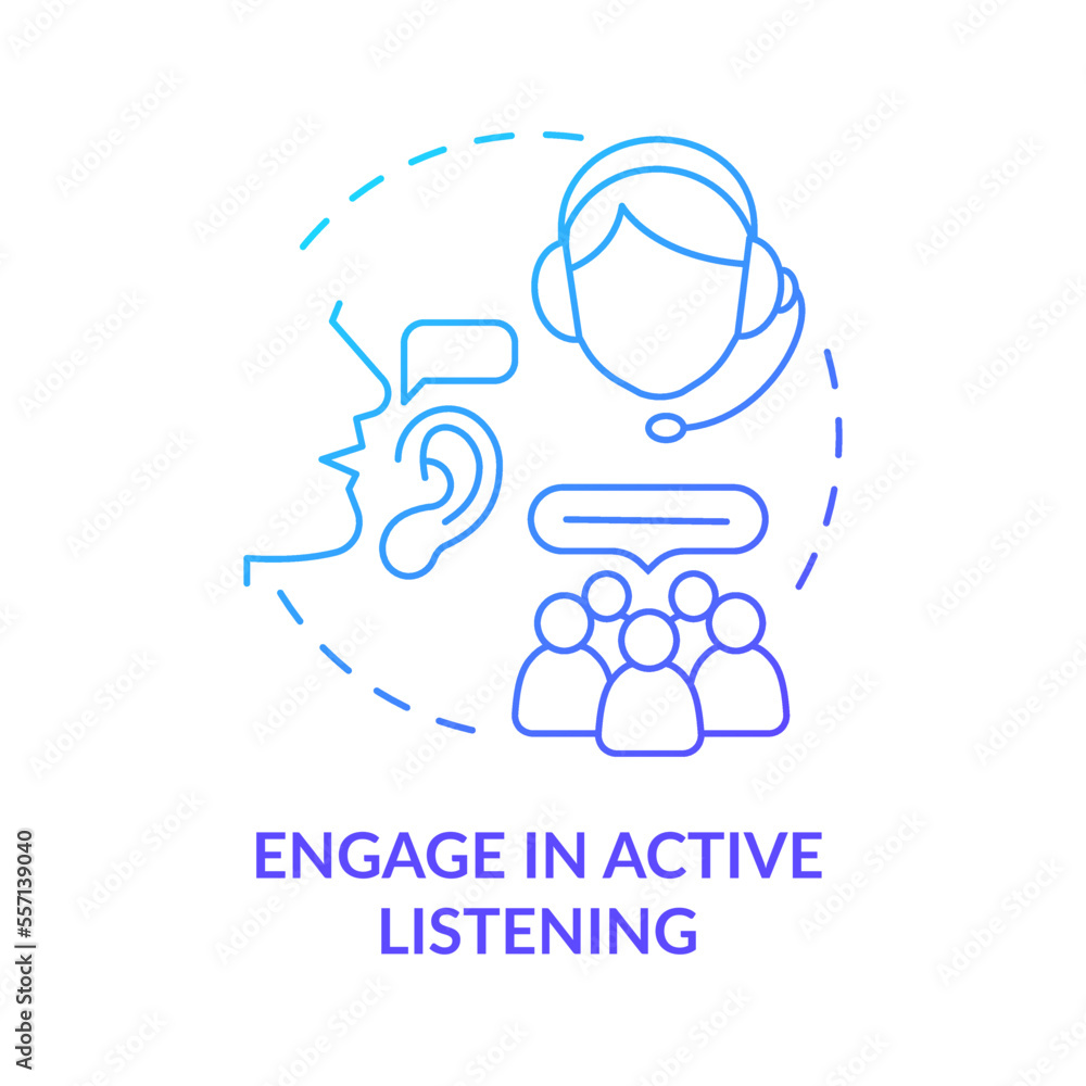 Poster engage in active listening blue gradient concept icon. call center customer service agent technique 