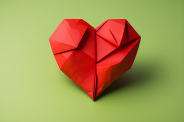 Heart. Love background. Red paper origami heart on green background. Valentine card