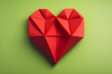 Heart. Love background. Red paper origami heart on green background. Valentine card