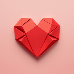 Heart. Love background. Red paper origami heart on pink background. Valentine card