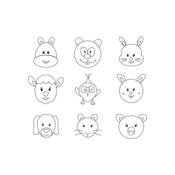 cute animal face. animal face icons in flat style. animal face icon isolated on white background. Perfect for coloring book, textiles, icon, web, painting, books, t-shirt print. 