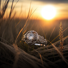 Elegant Diamond Ring with Wide setting in tall grass - Beautiful cinematic shot