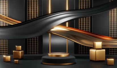 Obraz premium 3D rendering of blank product background for cream cosmetics Modern black podium background