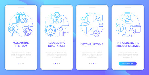 New hire customer service training blue gradient onboarding mobile app screen. Walkthrough 4 steps graphic instructions with linear concepts. UI, UX, GUI template. Myriad Pro-Bold, Regular fonts used