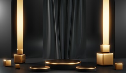 3D rendering of blank product background for cream cosmetics Modern black podium background