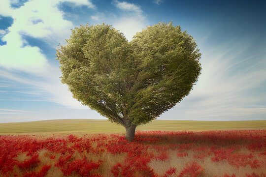 Heart tree. Red heart shaped tree. Valentine background. Love. Valentines day illustration