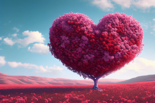 Heart tree. Red heart shaped tree. Valentine background. Love. Valentines day illustration - Powered by Adobe