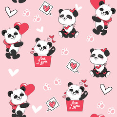 Cute cartoon panda with hearts on a pink background seamless pattern. Vector cartoon illustration in kawaii style. Valentines day and Birthday concept