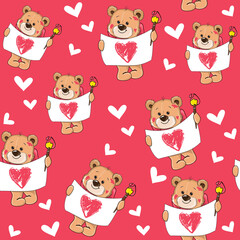 Cute cartoon teddy bear with hearts on a red background seamless pattern. Vector illustration for valentine's day. T-shirt design, greeting cards