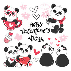 Cute collection with pandas in kawaii style. Valentine's Day card. Vector illustration cartoon doodle style