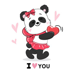Cute little panda with heart in kawaii style. Valentine's Day card. Vector cartoon illustration. Character design banner baby. Doodle cartoon style