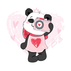 Draw of a baby panda with camera in kawaii doodle style. Valentine's Day card. Vector cartoon illustration