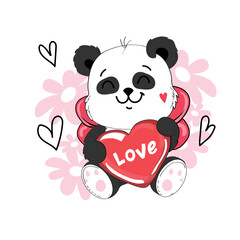 Draw of a baby panda with heart in kawaii doodle style. Valentine's Day card. Vector cartoon illustration character design banner