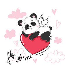 Draw of a baby panda with heart on the cloud in kawaii doodle style. Valentine's Day card. Vector cartoon illustration © Lucky Project