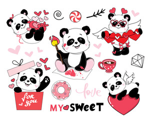 Drawing little pandas and hearts big collection. Vector cartoon illustration for valentine's day