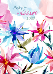 Poster with abstract flowers for the bride and groom. Congratulations on the wedding day