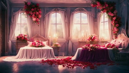 Newlywed couple's bedroom, with a cozy and romantic atmosphere captured through the use of soft colors and intimate details. Generative AI