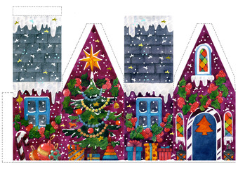 Hand Painted Watercolor  Christmas House template. 
Colorful cartoon-stylized illustration with Christmas tree, presents, snow, and candy canes.