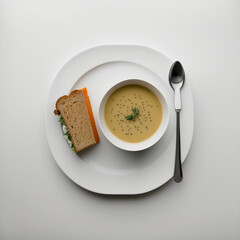 Breakfast of bread and soup on a white table. AI produced