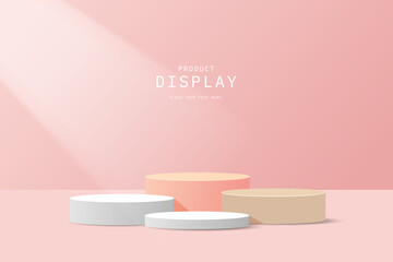Abstract 3D room with set of realistic steps pink pastel, cream and white grey cylinder pedestal podium. Minimal scene for product display mockup presentation. Stage showcase. Vector rendering.