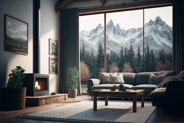 Cozy minimalist interior with sofa and panoramic glass windows to the mountains 
