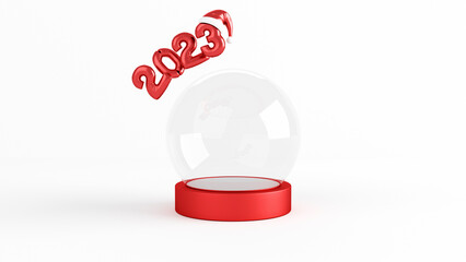 Modern, Trendy White And Red Christmas Snow Globe Display And 2023 Balloons With Santa Hat. Empty Space New Year Background For Product Promotion - 3D Illustration