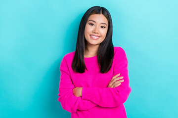 Fototapeta premium Photo portrait of young cheerful representative director japanese lady folded arms business company owner satisfied isolated on cyan color background