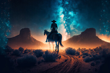 Fototapeta na wymiar Western Cowboy riding his horse at night under the milky way galaxy. Generative AI 